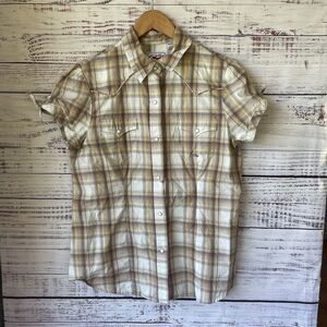 Roper Shirt Women's L Plaid Brown Yellow Western Pearl Snap Short Sleeve Cowboy